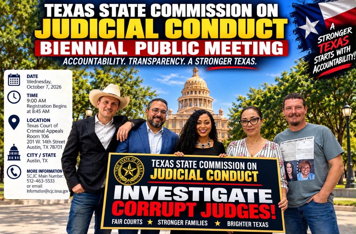 TX2503's tweet photo. The Texas State Commission on Judicial Conduct (SCJC) is holding its Biennial Public Meeting in Austin.

Wednesday, October 7, 2026
Meeting begins: 9:00 AM
Registration to testify: Begins at 8:45 AM
Texas Court of Criminal Appeals Room 106
201 W. 14th Street
Austin, Texas https://t.co/XF2GxmuLYk
