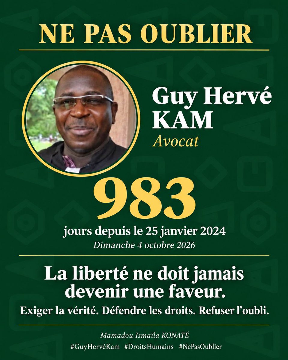 vieuxmko's tweet photo. Dimanche 4 octobre 2026. 983 jours depuis le 25 janvier 2024.

Guy Hervé KAM : un nom, un visage, un confrère que nous refusons de laisser sombrer dans l’oubli.

Compter les jours, c’est rappeler que le temps n’efface ni les droits d’un homme ni l’exigence de justice.

La liberté est un droit. Elle ne doit jamais devenir une faveur.

Exiger la vérité. Défendre les droits. Refuser l’oubli.

#GuyHervéKam #DroitsHumains #NePasOublier

@debatsdecitemko 
@Debats2DroitMKO