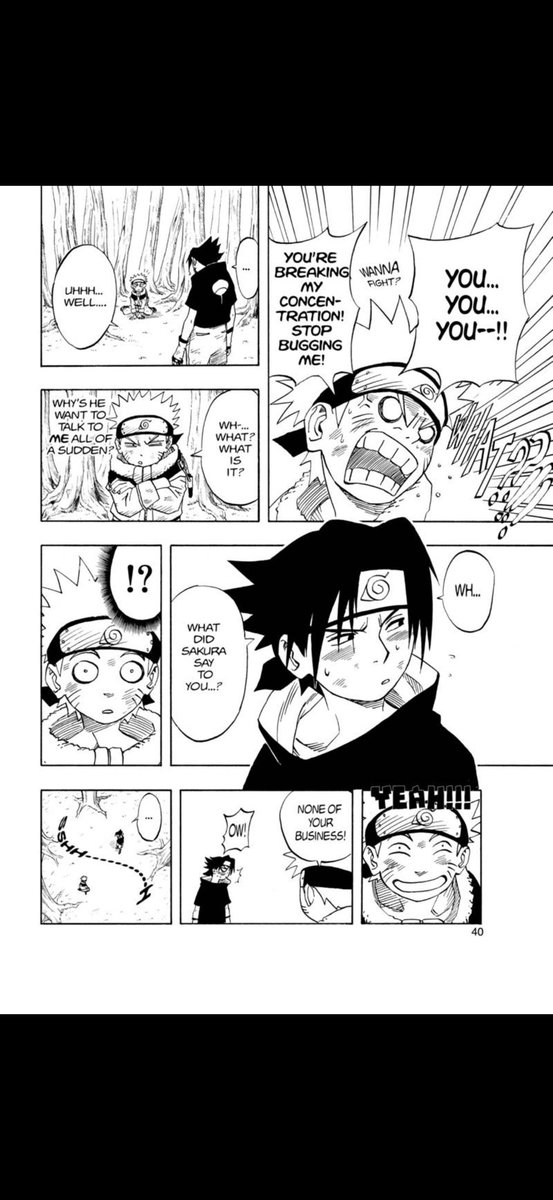 SonVictor33's tweet photo. I don’t want to say Sasuke had the biggest crush on Sakura. The anime butchered Sasuke in Part One of Naruto. Sasuke is more of a kid, you know. He acts more like a kid. He shows more emotion, and he’s not really this emo kid trying to act like he doesn’t care about anything. He’s more open with the team. He blushes when he’s shy. You know, when he asks Naruto what Sakura told him, he blushes a bit. I think he’s just more open.

And I do think there was some interest on Sasuke’s part in Sakura. I don’t want to say it was a big thing because, again, I’m only on chapter 34 of my Naruto reread, but I do think it’s there. So I don’t really hate this for the live action movie. I think Sasuke being interested in Sakura is a welcome change, and they could explore that more because I definitely think there was something there in Part One, especially in the manga. The anime really did butcher Sasuke’s character in Part One.