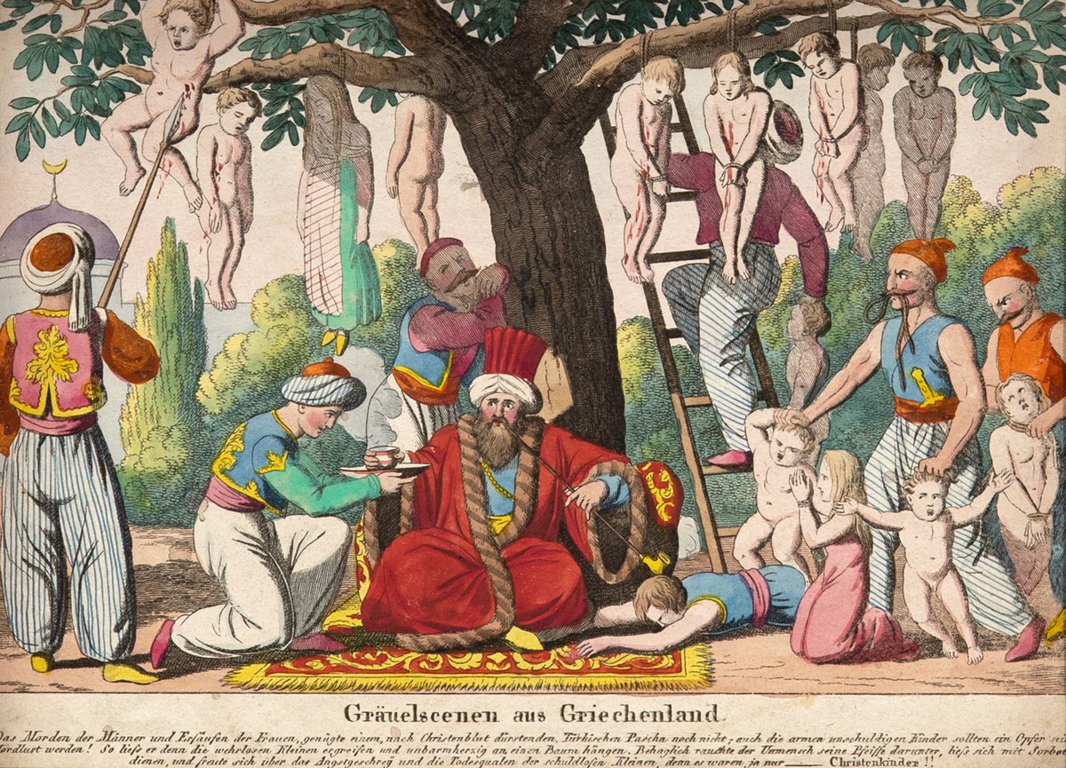 HomerPavlos's tweet photo. The Germans who witnessed the atrocities committed by Muslims against Christians during the Ottoman period in Greece wrote: "The murder of the men and the drowning of the women was still not enough for a Muslim Turk thirsting for Christian blood; the poor innocent children were also to be sacrificed. So he had the defenseless little ones seized and mercilessly hanged from a tree. Comfortably the monster smoked his pipe beneath them, had himself served with sherbet, and rejoiced in the cries of fear and the death agonies of the guiltless little ones, for they were, after all, only — Christian children"

"Gräuelscenen aus Griechenland" 
"Atrocity scenes from Greece."

From the 1820s by the Nuremberg publisher Friedrich Campe.