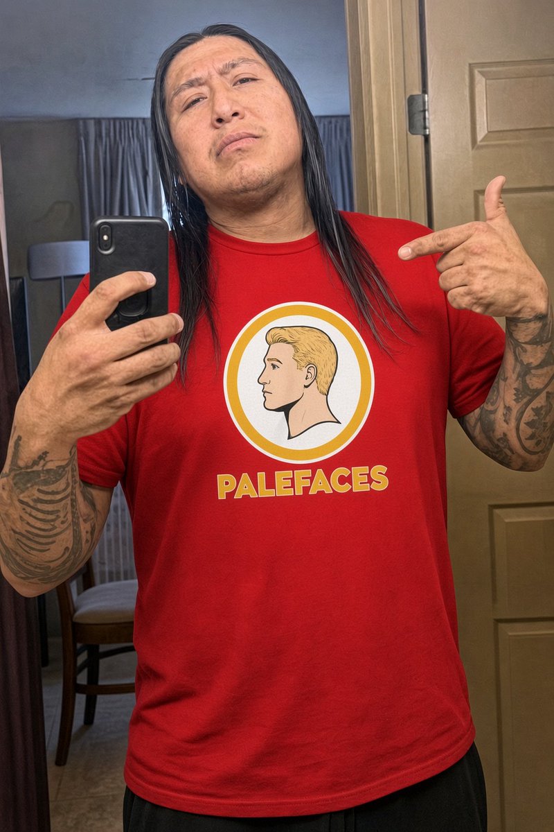 NativeAm3rican0's tweet photo. Alright white people, let’s settle this. I'm truly sorry if I offended anyone while I was wearing my "Palefaces" shirt.
I thought I was honoring you.
If you’re offended by the shirt, maybe ask yourself why. 👀👇 https://t.co/ooVUHO0H4j