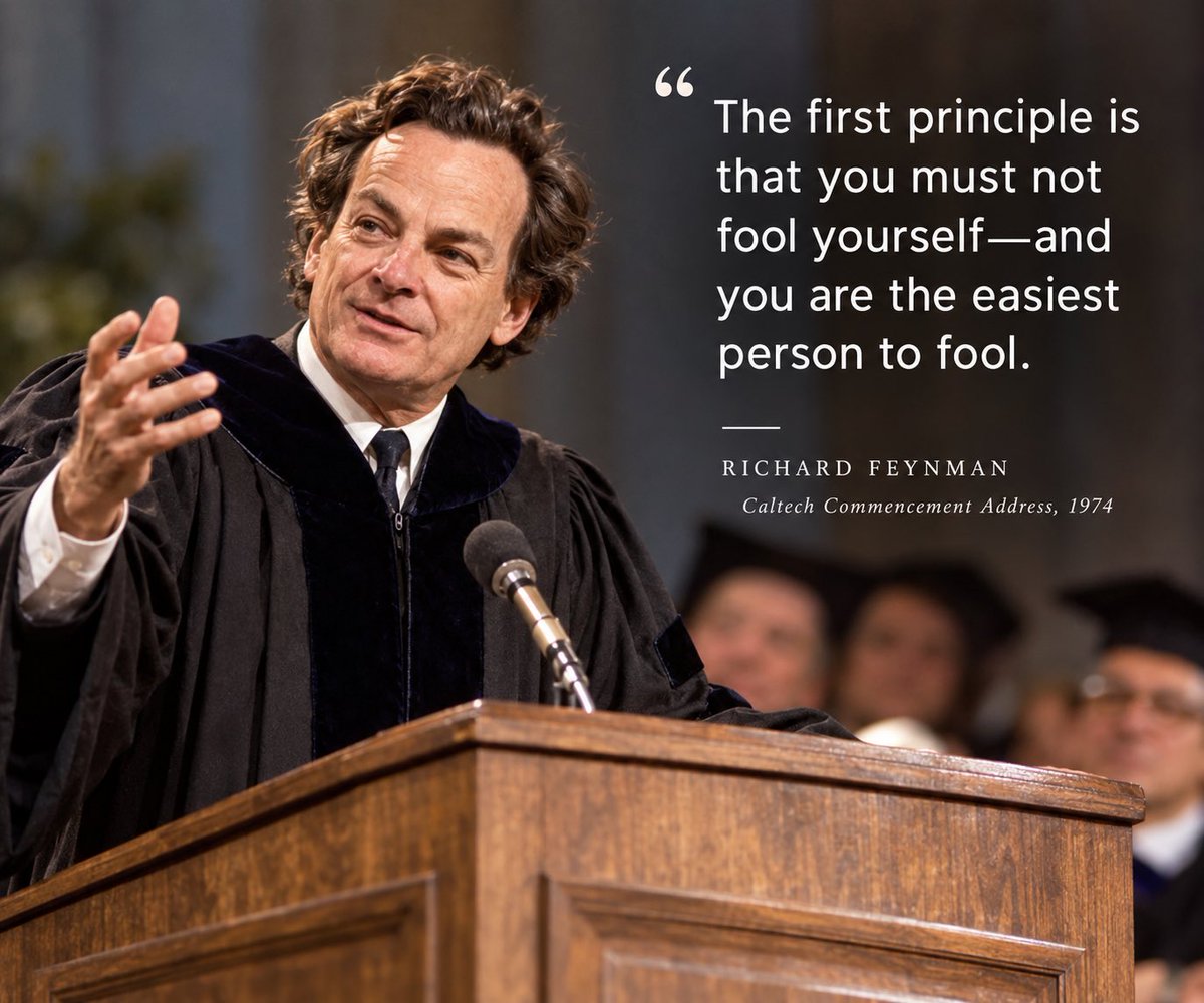 ako660's tweet photo. Thought of Today✨

“The first principle is that you must not fool yourself - and you are the easiest person to fool.”

Caltech.

Feynman’s commencement address to young scientists in 1974 underlined the idea of intellectual honesty.

We end up validating our own ideas, theories and existence by noticing the fine details that agree with us.

We do not need tricksters in our lives. Our mind building stories to believe in the authenticity of actions is enough.

He asked the audience to put their theories on the examination table first for an honest investigation.

This is mandatory because anything we build upon it is as sturdy as a house of cards.

Ghalib too understood this temptation:

हम को मालूम है जन्नत की हक़ीक़त लेकिन दिल के ख़ुश
रखने को ‘ग़ालिब’ ये ख़याल अच्छा है।