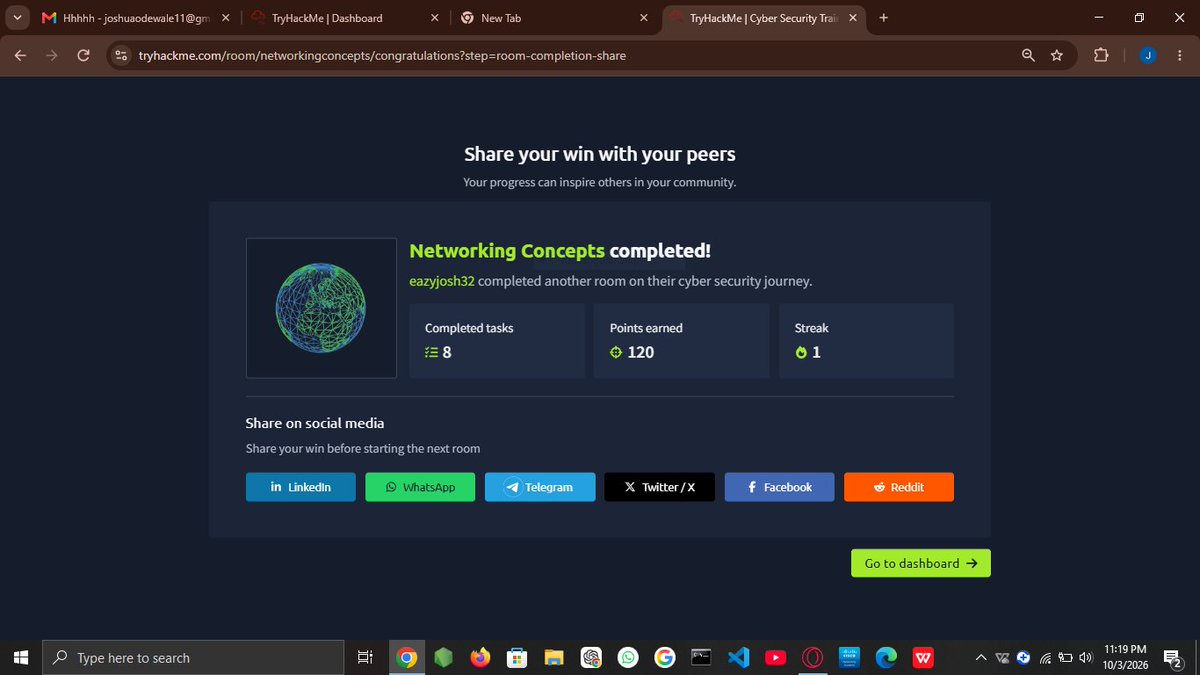 JoshE16994's tweet photo. 🔐 THE CYBERFORGE — DAY 12/60
​Strengthened my networking foundation today:
• UDP &amp; TCP
• OSI &amp; TCP/IP models
• Ports &amp; Subnetting
• TryHackMe practice
​Revised earlier concepts too. Still building! 🚀
​#the_cyberforge https://t.co/FzDa1NG9ae