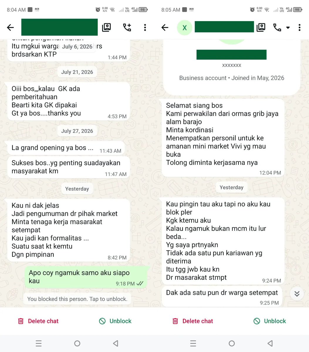 txtharihariWNI's tweet photo. Kelakuan oknum ormas nyari kerja merasa berhak banget...

Ada yang pernah berurusan sama oknum ormas? Btw, ini orang umur 45 kalau nggak salah.

Setelah itu pakai nomor lain buat maki-maki, haha.

Menurut kalian, kalau pernah mengalami kejadian seperti ini, sebaiknya dihadapi atau langsung diabaikan?
