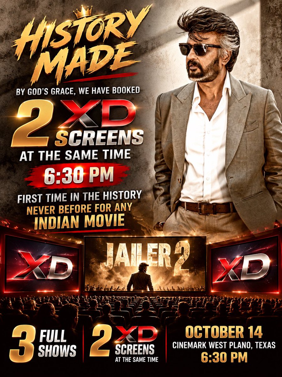gvdev2000's tweet photo. 🔥🔥 HISTORY CREATED IN DALLAS! 🔥🔥

🙏 BY GOD’S GRACE, WE MADE IT! 🙏

💥 3 FULL HOUSE SHOWS!
💥 2 XD SCREENS AT THE SAME TIME!
💥 ALL STARTING AT 6:30 PM!

YESSS! We have officially booked our SECOND XD SCREEN! 🔥

For the FIRST TIME in Cinemark history, TWO XD screens for the SAME MOVIE at the SAME TIME! 👑🔥

DALLAS THALAIVAR FANS HAVE DONE IT! 💪

This is not just a celebration… THIS IS THALAIVAR MANIA AT ITS PEAK! 💥

🎬 JAILER 2
📍 Cinemark West Plano, Texas
📅 October 14 | 6:30 PM

3 SCREENS! 2 XD! ONE SUPERSTAR! 👑

🔥 அலப்பறை கிளப்புறோம்! 🔥

DALLAS DA! THALAIVAR DA! 💥

#Jailer2 #Rajinikanth #SuperstarRajinikanth #Thalaivar #DallasFDFS #ThalaivarFansUSA #CinemarkXD