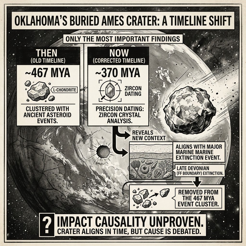 DARKCOMX's tweet photo. Oklahoma’s buried Ames crater was long dated to about 467 million years ago, but zircon crystals now place the impact near 370 million years ago, around the time of a major marine extinction. That removes Ames from the cluster used to support an ancient asteroid-belt event and puts it into a different extinction-era timeline. The impact’s role in that extinction remains unproven.