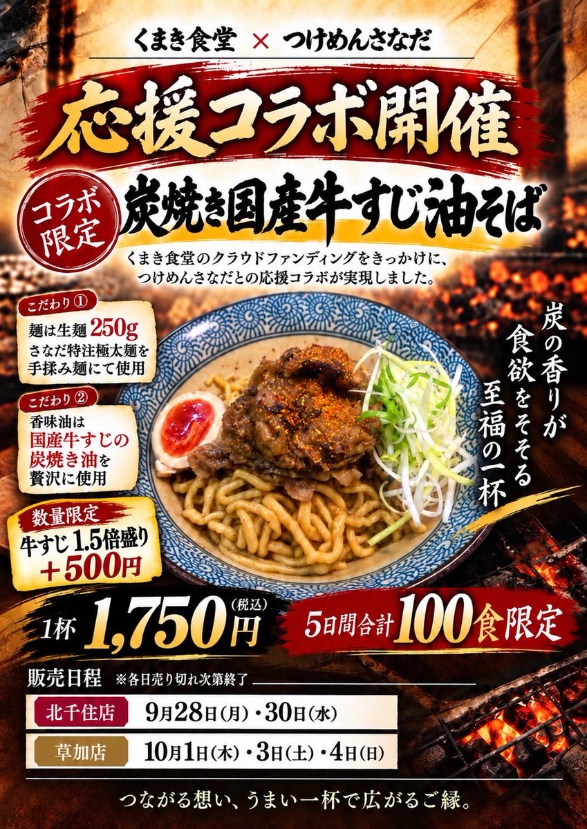 sanaji_soka's tweet photo. 本日も通常通りの営業です❗️
大好評のくまき食堂様との応援コラボは本日が最終日となり、数量もそこまで多くありません。
召し上がりたい方はお早めにお越し下さい。1.5倍盛りは完売です⚡️
この機会にぜひ、もう味わえない炭焼き国産牛すじ油そばをぜひご賞味下さい🌈 https://t.co/uLqIS3qqTB