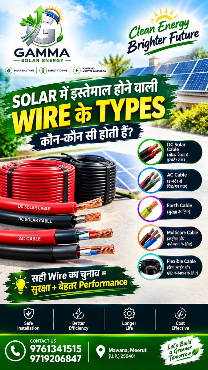 Gamma_Solar's tweet photo. Solar में इस्तेमाल होने वाली Wire के Types | DC, AC, Earth & Multicore Cable #SolarWire #SolarCable #SolarPanel #SolarInstallation #SolarEnergy #SolarWiring #DCSolarCable #SolarTips #RenewableEnergy #GammaSolarEnergy #Mawana #Meerut #SolarIndia https://t.co/PC2ufxwx56