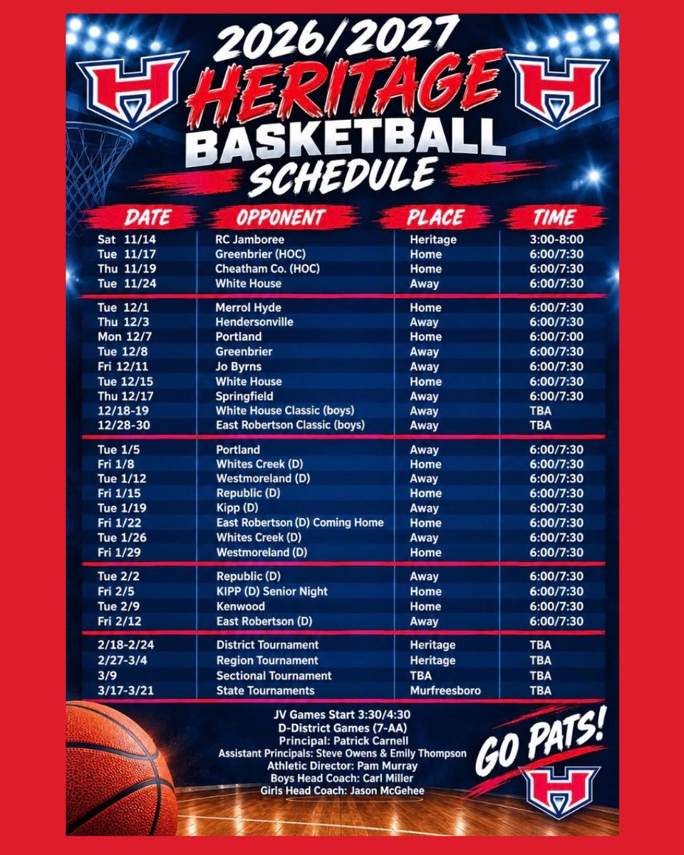 WHHHoops's tweet photo. 🏀 Schedule Drop! 
Your Patriots will host the 2027 District 7-AA &amp; Region 4-AA tournaments! GO PATS! https://t.co/6RvUmlFdt2