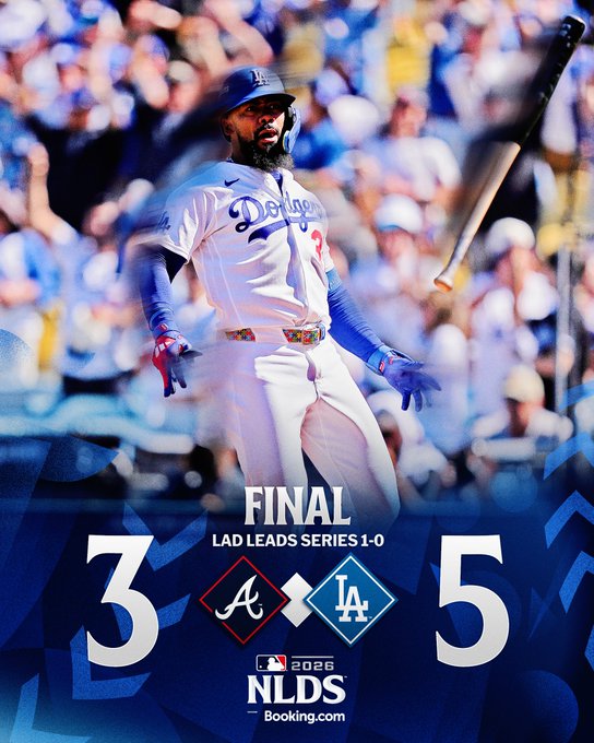 The image shows a Los Angeles Dodgers player celebrating after hitting a home run during NLDS Game 1, with the final score displayed as Dodgers 5, Braves 3. The accompanying post aligns with the visual, highlighting the three home runs that powered the Dodgers' victory and giving them a 1-0 series lead.