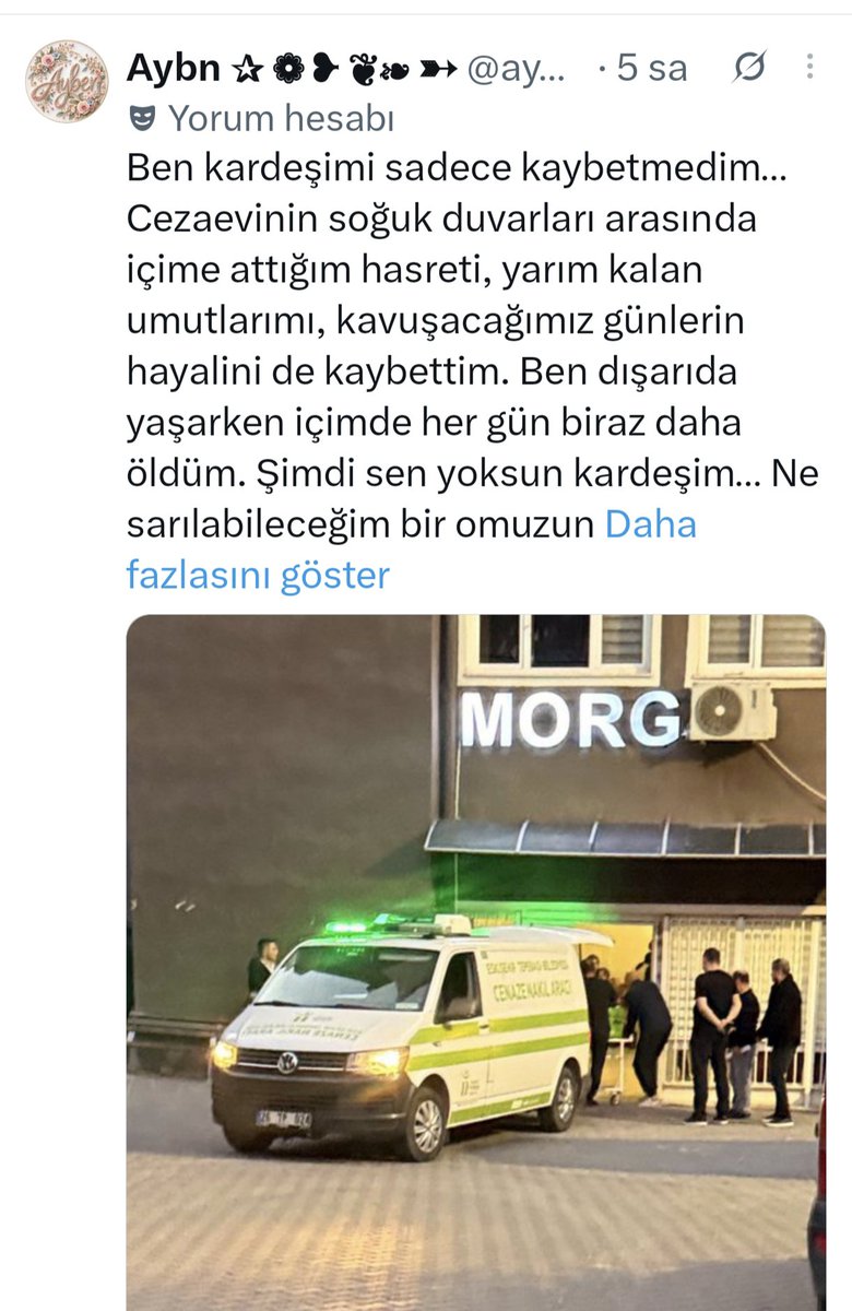 FarukAl50786969's tweet photo. ÇOK ÜZGÜNÜZ

İçimiz yanıyor… Karıncayı bile incitmeyen, genç yaşta düştüğü bir hatanın (madde bağımlılığı) ardından zararları ödenmesine, şikayetçi ve davacı kalmamasına rağmen 28 yıl gibi ağır bir yatar cezayla 10 yılı aşkın süredir cezaevinde tutulan kardeşimizi kaybettik, 
Cenazesi cezaevinden çıktı. 💔🥀

Evladının acısına yüreği dayanmayarak 3 yıl kadar önce vefat eden annesi Ümmü Gülsüm ablanın kapı kapı dolaştığı adalet bu mu? 
Kimsenin canına kastetmemiş, zararı tazmin edilmiş bir gencin hayatının bu şekilde sönmesi, cezaevinden cenazesinin çıkması vicdanlara sığmıyor

Bu trajik olay, ders kitaplarına örnek olarak girip ceza infaz sisteminin, biriken dosyaların ve pişmanlık/zarar telafisi mekanizmalarının yeniden ele alınması ve yasal düzenleme yapılması için acı bir çığlıktır, mahkum yakınları olarak sesimizi duyun!

Adalet, vicdan ve merhamet bu topraklarda yeniden tesis edilmeli, Benzer trajedilerin yaşanmaması için kanun yapıcıların bu acı tabloyu görmesini ve acil adımlar atmasını talep ediyoruz.
@RTErdogan 
@adalet_bakanligi @TBMMGenelKurulu 
@abakingurlek 
#MahkumHakları 
#İnfazAdaleti 
#Adaletİstiyoruz 
#ÇürütmeyinAffedin 
Diyoru