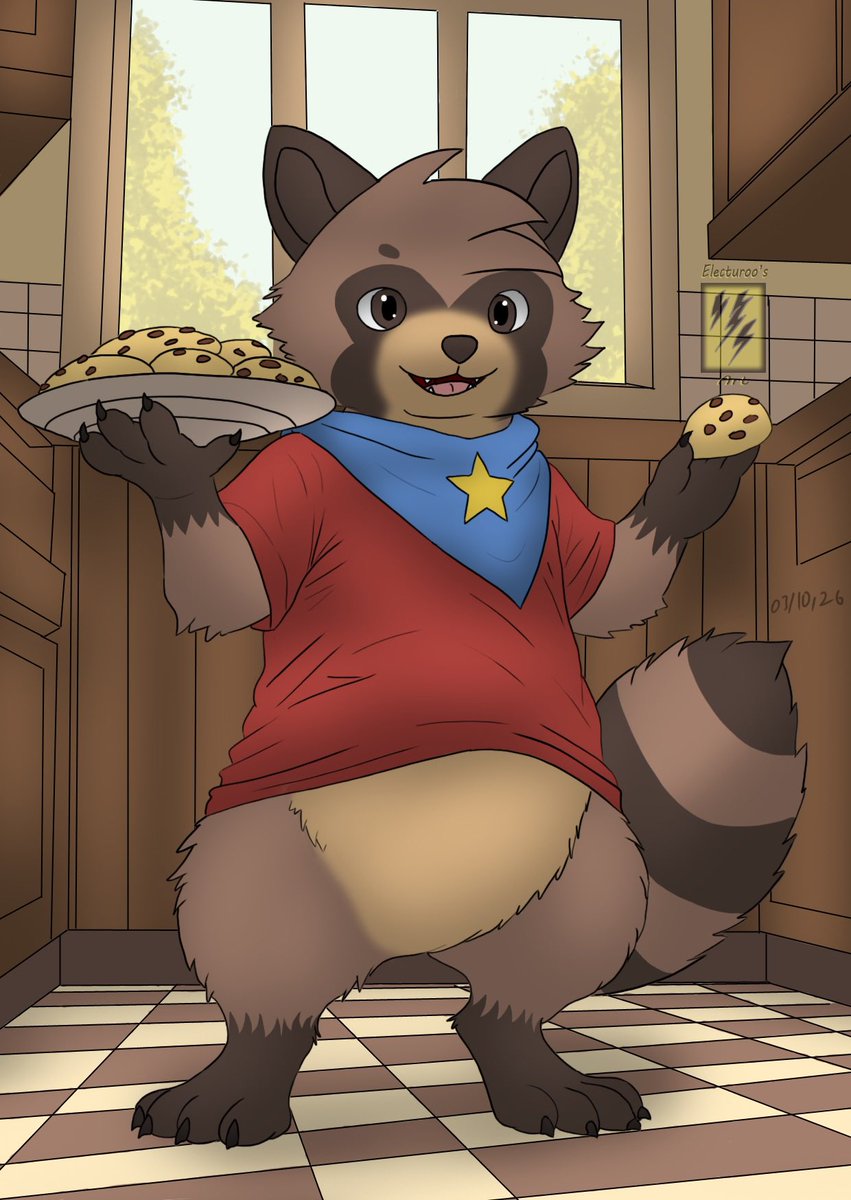 Electuroo's tweet photo. Matty finished baking up some really nice Tanuki cookie treats, one bite from these give anyone a nice tanuki surprise!

Day 03 - Baking
#Octransfur #TFeveryday @Matty_Shapes https://t.co/xxlvuakjIj