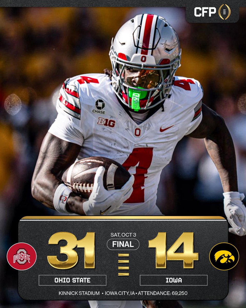 CFBPlayoff's tweet photo. The Buckeyes get the W in Iowa City‼️ https://t.co/9lBDva4SZH