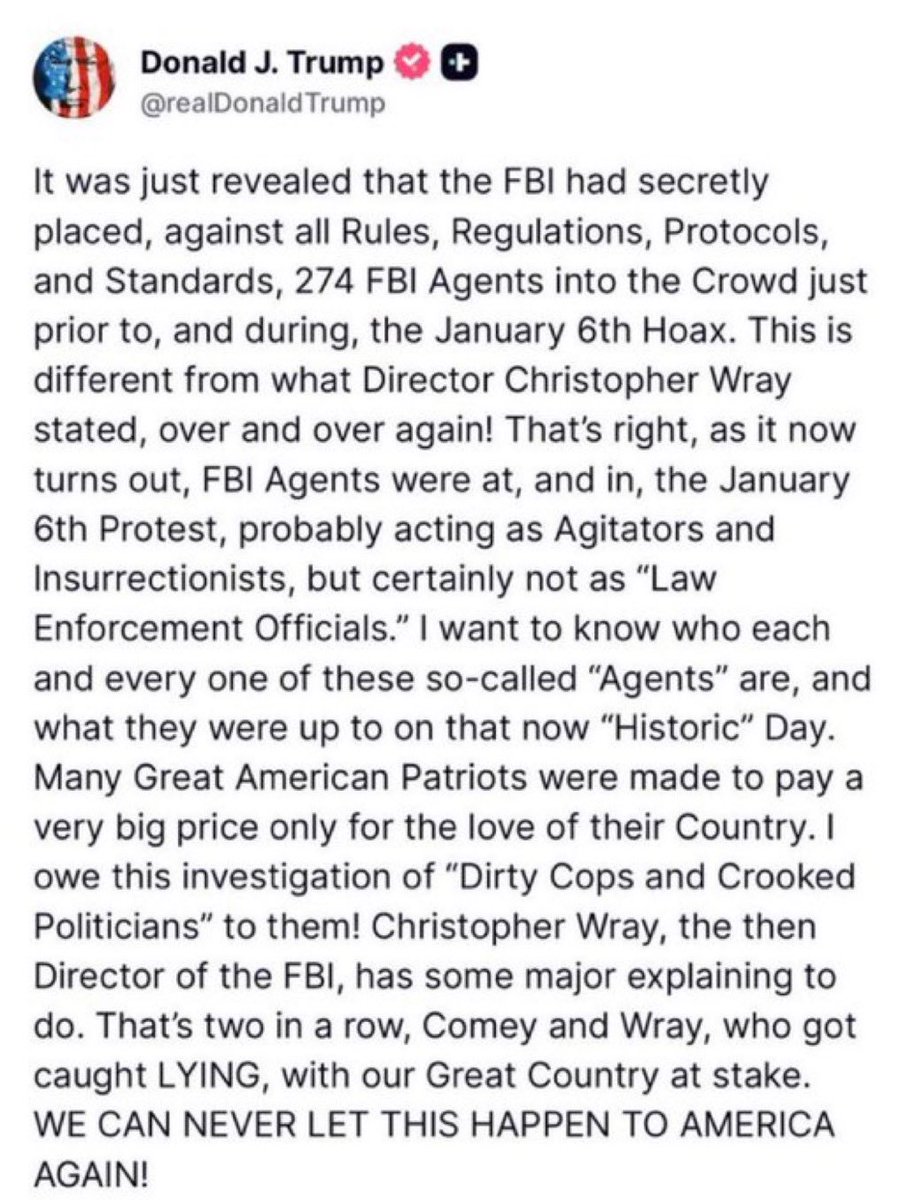 ConstitustionX's tweet photo. 🚨WHO GAVE THE ORDER?! 🚨
274 FBI agents secretly dropped into the January 6 crowd—against every rule, protocol, and standard—then Wray lied about it over and over. Patriots paid the price while the people who greenlit this walked free. 🔥
Nancy Pelosi was Speaker. She controlled Capitol security. She rejected extra protection. She knew.
Lots of people belong in prison for this. Starting with the one who gave the order. 🇺🇸⚖️
Demand the names. Demand the chain of command. Never again.