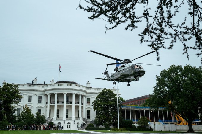 A Marine helicopter, marked "United States of America," takes off from the South Lawn of the White House, where onlookers and a small group of people are gathered below.

This image relates to the post "SEE YOU SOON, OHIO" likely depicting President Biden departing the White House before traveling to Ohio.