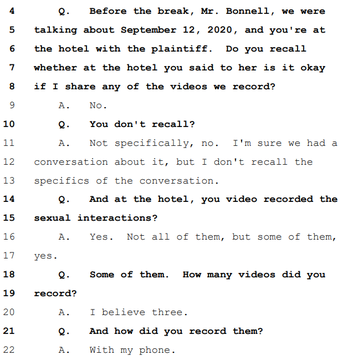 A court transcript excerpt featuring Q&A with 'Mr. Bonnair' about a September 12, 2020 incident at a hotel with a plaintiff, discussing consent to share recorded videos of 'sexual interactions'.