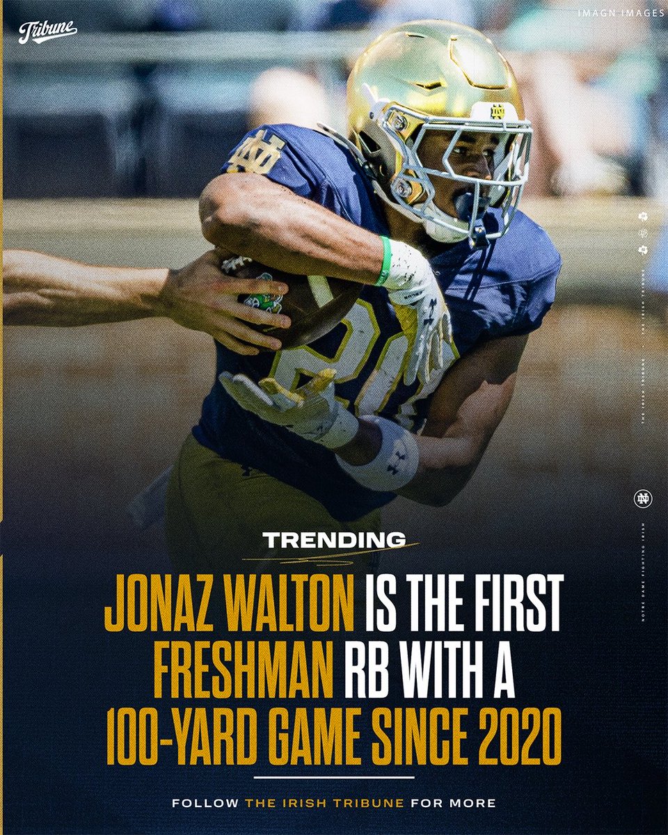 theirishtribune's tweet photo. Jonaz Walton becomes the first Notre Dame Freshman Running Back since Chris Tyree in 2020 to record a 100-yard rushing game.

Walton finished with 23 carries for 148 total yards, averaging 5.2 yards per carry. https://t.co/klVnBmmlkm