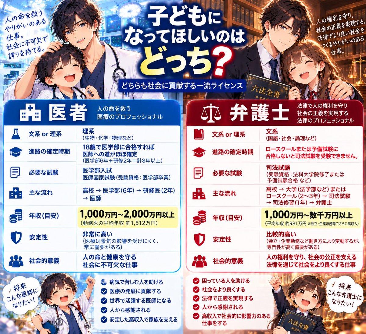 kb1116kb's tweet photo. 子どもになって欲しいのは、【医者と弁護士】だったらどっちですか？
どちらも最強の国家ライセンス。

その理由も教えていただけると嬉しいです😇 https://t.co/7GajyPNcJ4