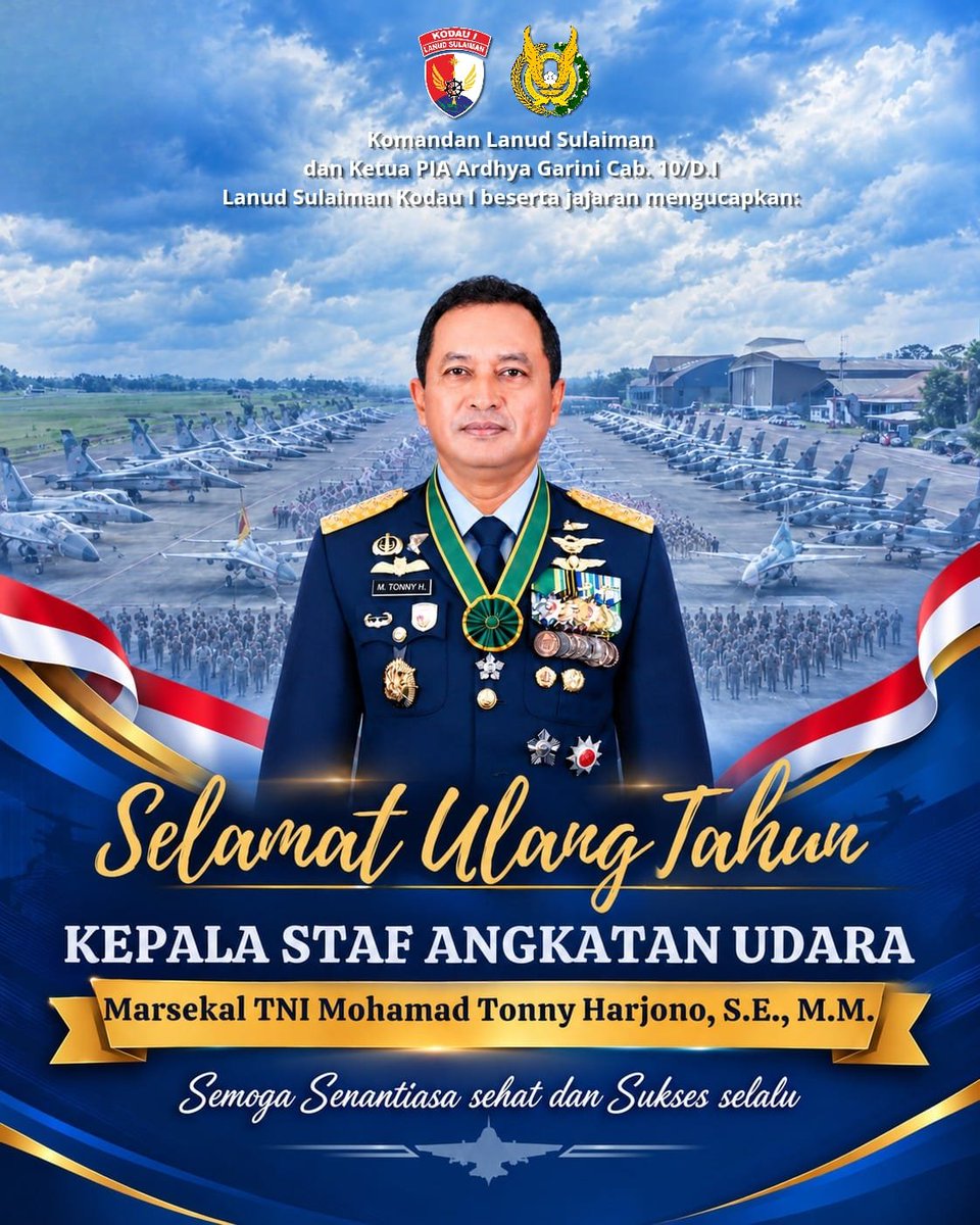 PenSulaiman's tweet photo. 🌏Komandan Lanud Sulaiman Marsma TNI Eko Sujatmiko, M.M beserta seluruh jajaran mengucapkan: 

Selamat Ulang Tahun 
Marsekal TNI M.Tonny Harjono, S.E.,M.M
Kepala Staf Angkatan Udara

4 Oktober 2026 https://t.co/DnEQL44d3i