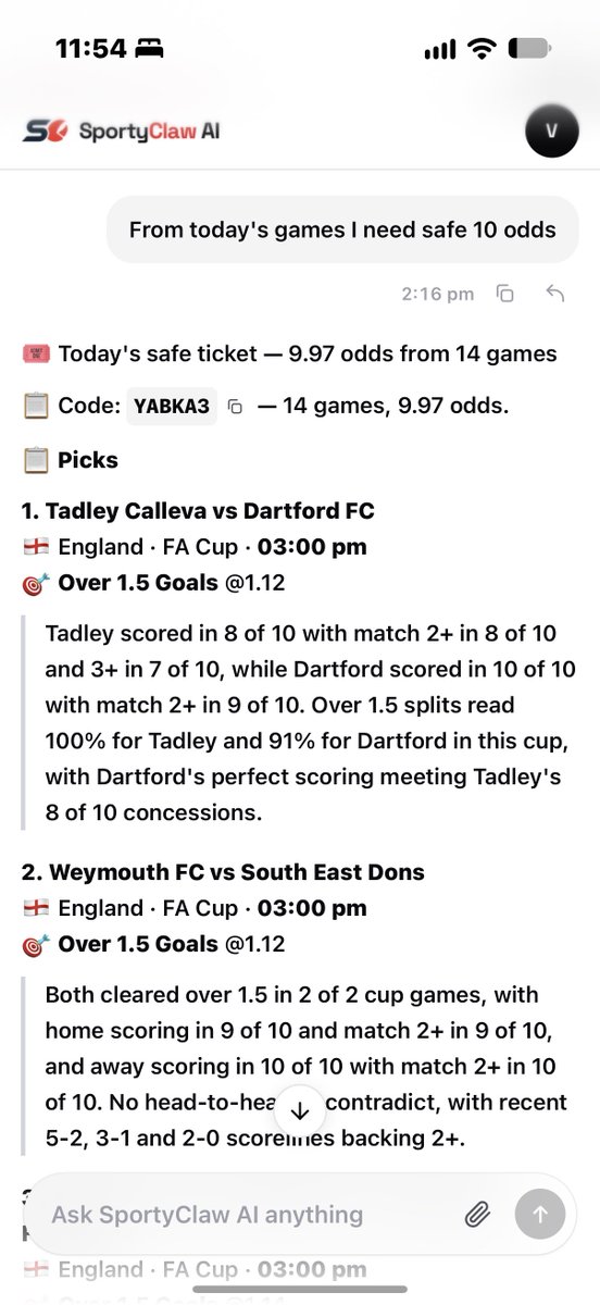 nnvictory001's tweet photo. Today I experimented with SportyClaw AI
Played like 8 different games 20 odds each 
Well ... They did cut like 1,2,3 games in some 
Not bad ... 

My daily 10 odds shaa entered 
Been playing daily 10 odds with it for the past 1 week 
The goal is simple ... There's no way I can't win at least 5 times in a month which will be = +100k profit as 5k is my staking capital
If I up that to 10k that's 200k per month and so on ... 

Today is my first winning of this day 10 odds in a week and I have recovered all my losses 

Let's see how it goes for next week 🤝🏻