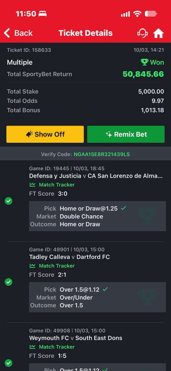 nnvictory001's tweet photo. Today I experimented with SportyClaw AI
Played like 8 different games 20 odds each 
Well ... They did cut like 1,2,3 games in some 
Not bad ... 

My daily 10 odds shaa entered 
Been playing daily 10 odds with it for the past 1 week 
The goal is simple ... There's no way I can't win at least 5 times in a month which will be = +100k profit as 5k is my staking capital
If I up that to 10k that's 200k per month and so on ... 

Today is my first winning of this day 10 odds in a week and I have recovered all my losses 

Let's see how it goes for next week 🤝🏻