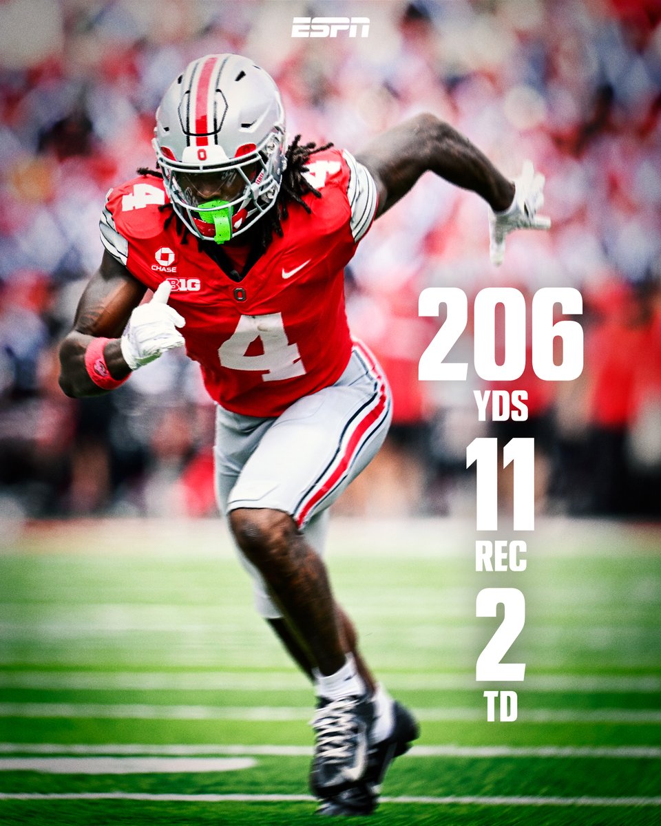 SportsCenter's tweet photo. JEREMIAH SMITH ON ROOKIE MODE ONCE AGAIN 😳

Smith is now the OSU all-time leader in receptions, receiving yards, receiving TDs and 100+ YD receiving games 👏 https://t.co/nv7BsTvPWz