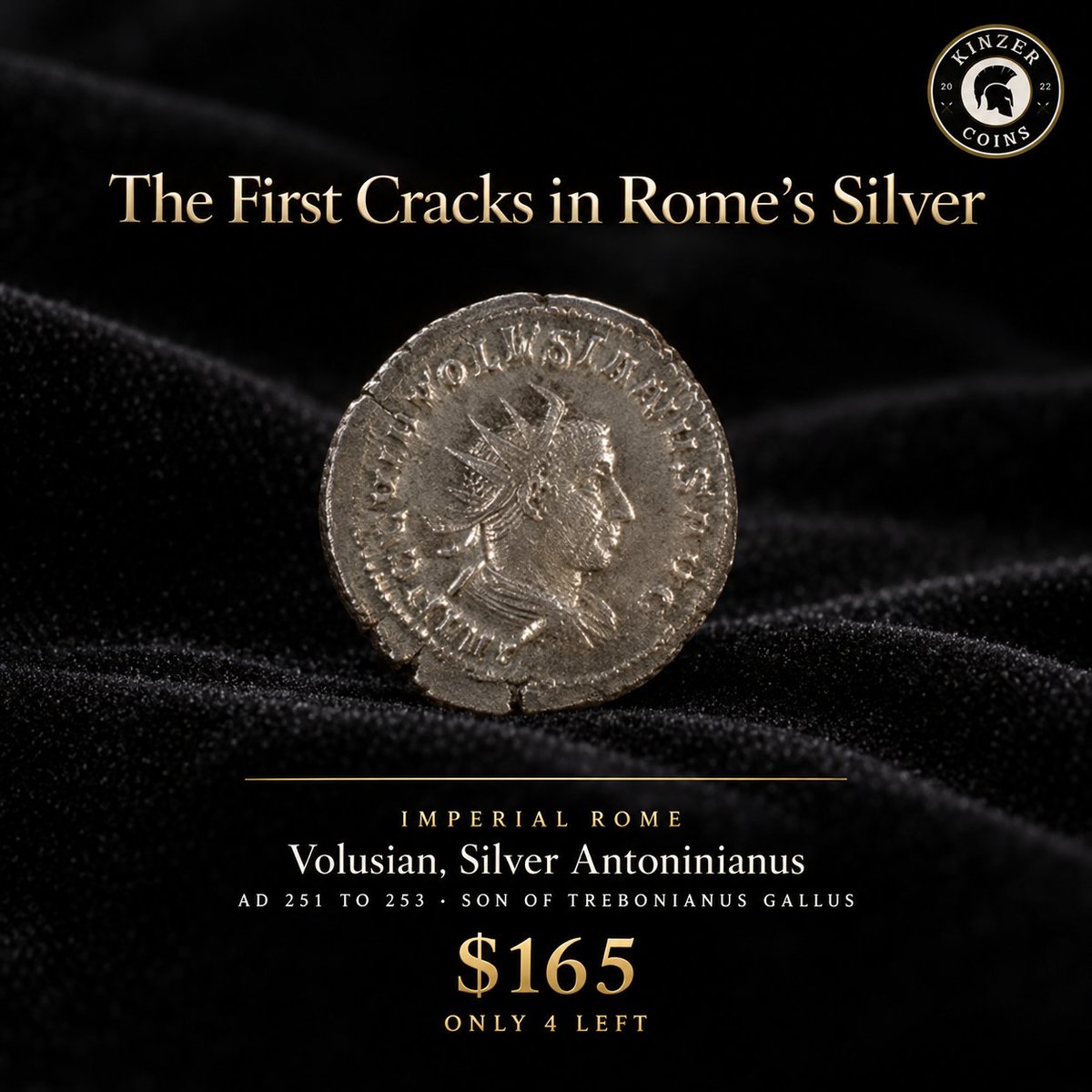 KinzerCoins's tweet photo. The first cracks in Rome's silver.
Antoninianus of Volusian, son of Trebonianus Gallus, AD 251 to 253. Struck as the empire's coinage first began to thin. Only 4 left.
https://t.co/F10QtkrEVM
#AncientCoins #RomanEmpire https://t.co/EC8laOLWMC
