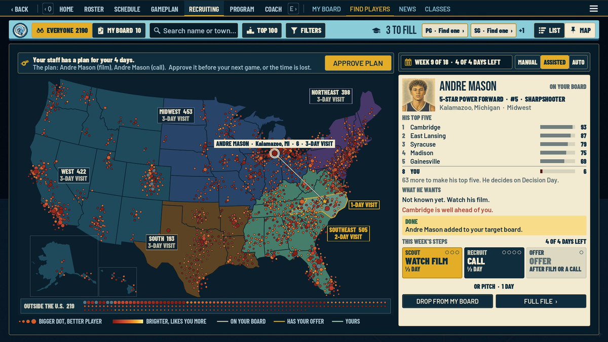 jordanreed55's tweet photo. Adding a regional recruiting map to my game has been a lot of fun! I love maps, in general, so it was especially rewarding to get it working well. https://t.co/7zBycambbZ