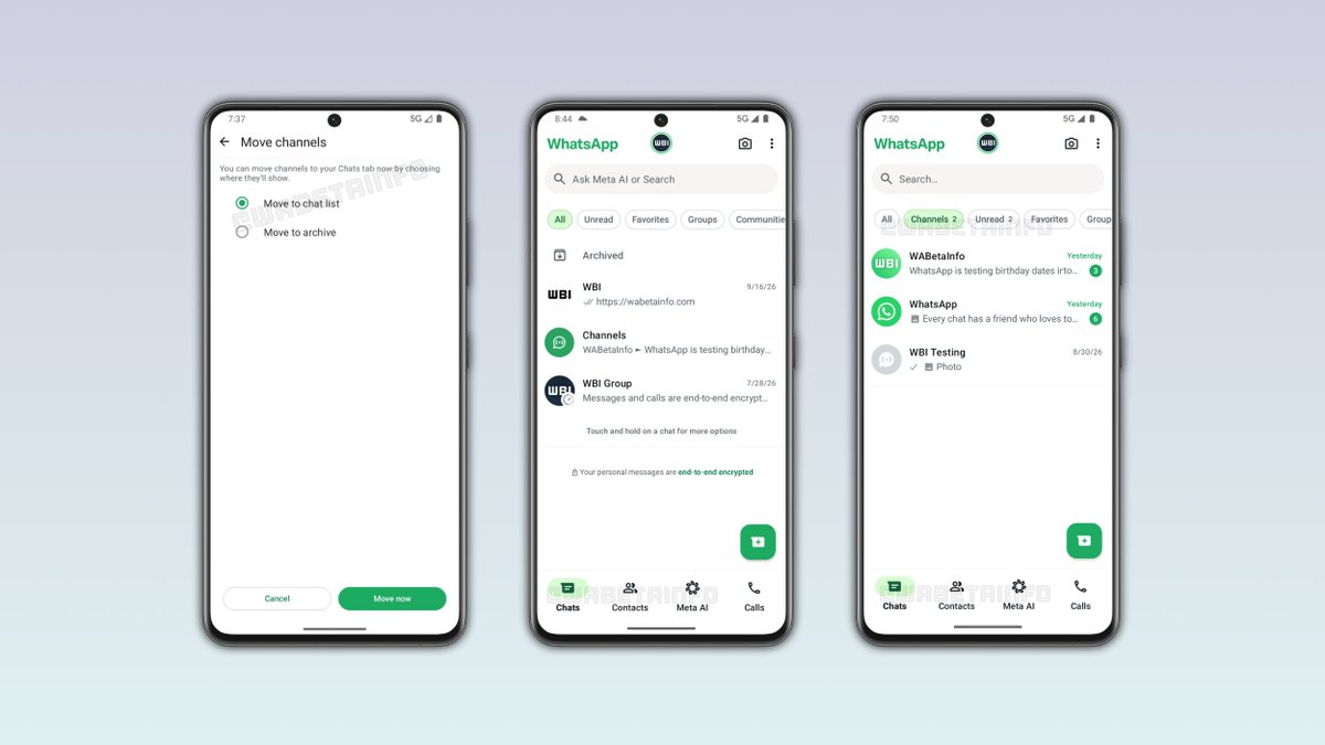 WABetaInfo's tweet photo. WhatsApp news of the week: WhatsApp will move channels to the Chats tab!

This summary includes 8 updates shared this week covering WhatsApp beta for Android and iOS.

https://t.co/zpUKWFLmRP https://t.co/1LqJB7YR0Q
