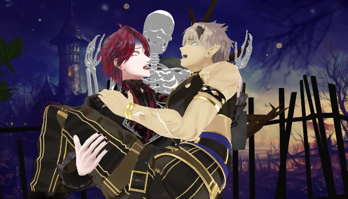 NebulousPixie's tweet photo. It's the spooky month, which means it's time for spooky 💢🦖 MMDs! 
I found a skeleton, the skeleton wanted them to kiss😏

#rurex #rzrx #MMD https://t.co/rn9Oy0XLkr
