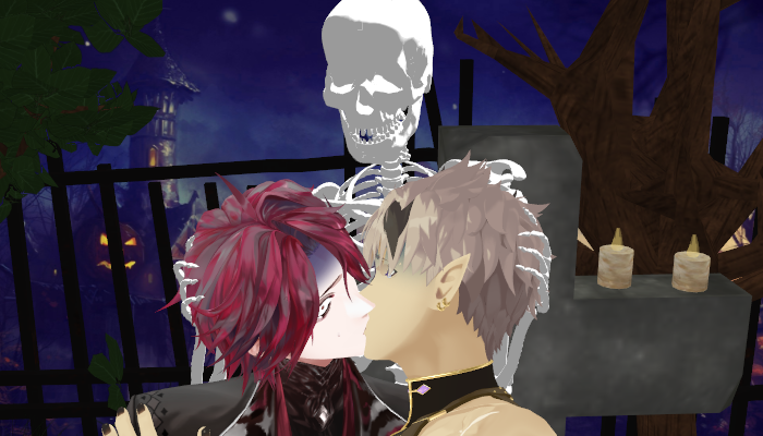 NebulousPixie's tweet photo. It's the spooky month, which means it's time for spooky 💢🦖 MMDs! 
I found a skeleton, the skeleton wanted them to kiss😏

#rurex #rzrx #MMD https://t.co/rn9Oy0XLkr