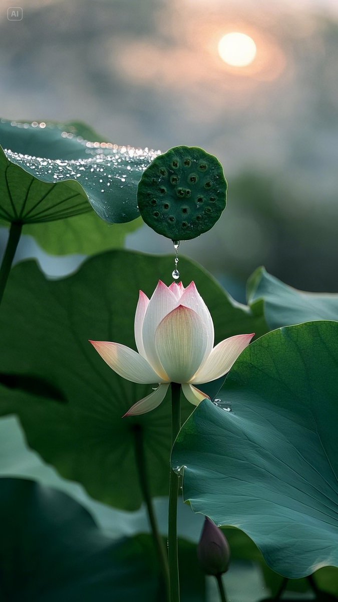 steve_t_7882's tweet photo. [Morning at the lotus pond: the gentle breeze skims over the arranged green leaves, and soft clouds drift lazily in the sky.]， https://t.co/WId5wkijZh