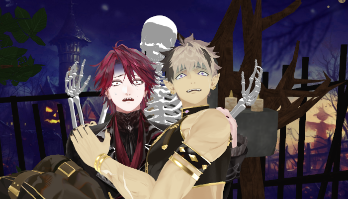 NebulousPixie's tweet photo. It's the spooky month, which means it's time for spooky 💢🦖 MMDs! 
I found a skeleton, the skeleton wanted them to kiss😏

#rurex #rzrx #MMD https://t.co/rn9Oy0XLkr