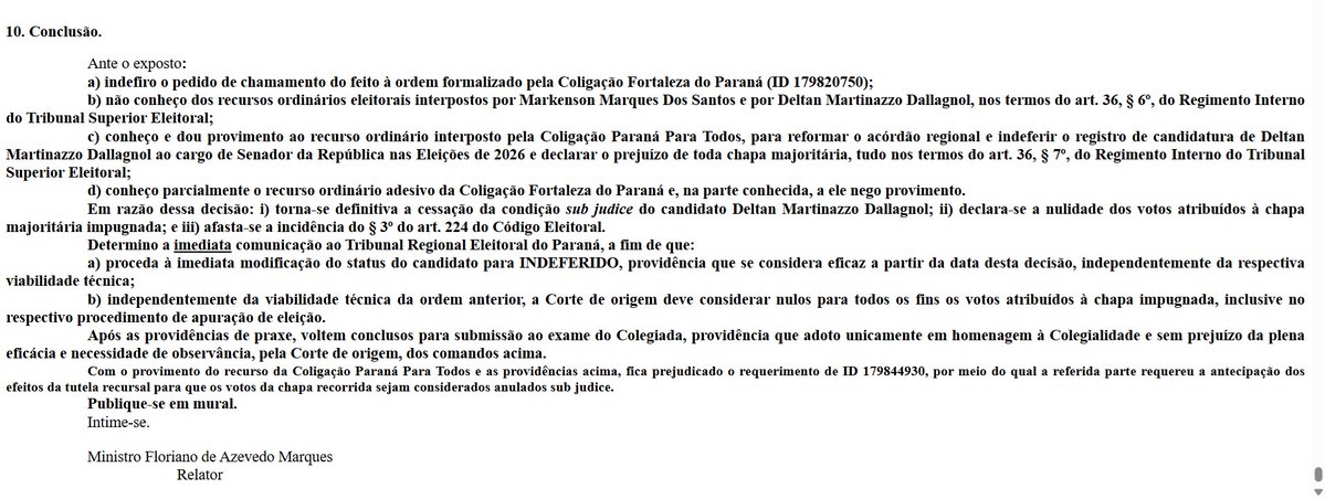 wilsonlimaslz's tweet photo. URGENTE: ministro Floriano de Azevedo Marques barra candidatura ao Senado de @deltanmd ao Senado. Eis a síntese do despacho https://t.co/8NEeJN6KoT