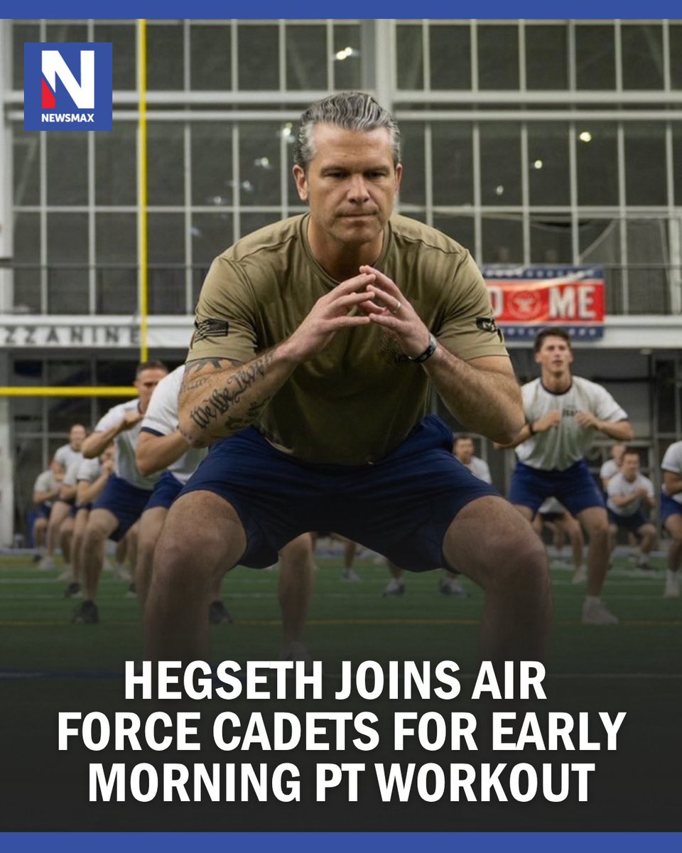NEWSMAX's tweet photo. Pete Hegseth joined U.S. Air Force Academy cadets for morning drills ahead of the Air Force-Navy football game before heading over to Clune Arena.

“There is no better way to start a day than EARLY MORNING PT with America’s finest cadets,” Hegseth wrote.

Then he took to the court — and knocked down 9 of 10 shots.