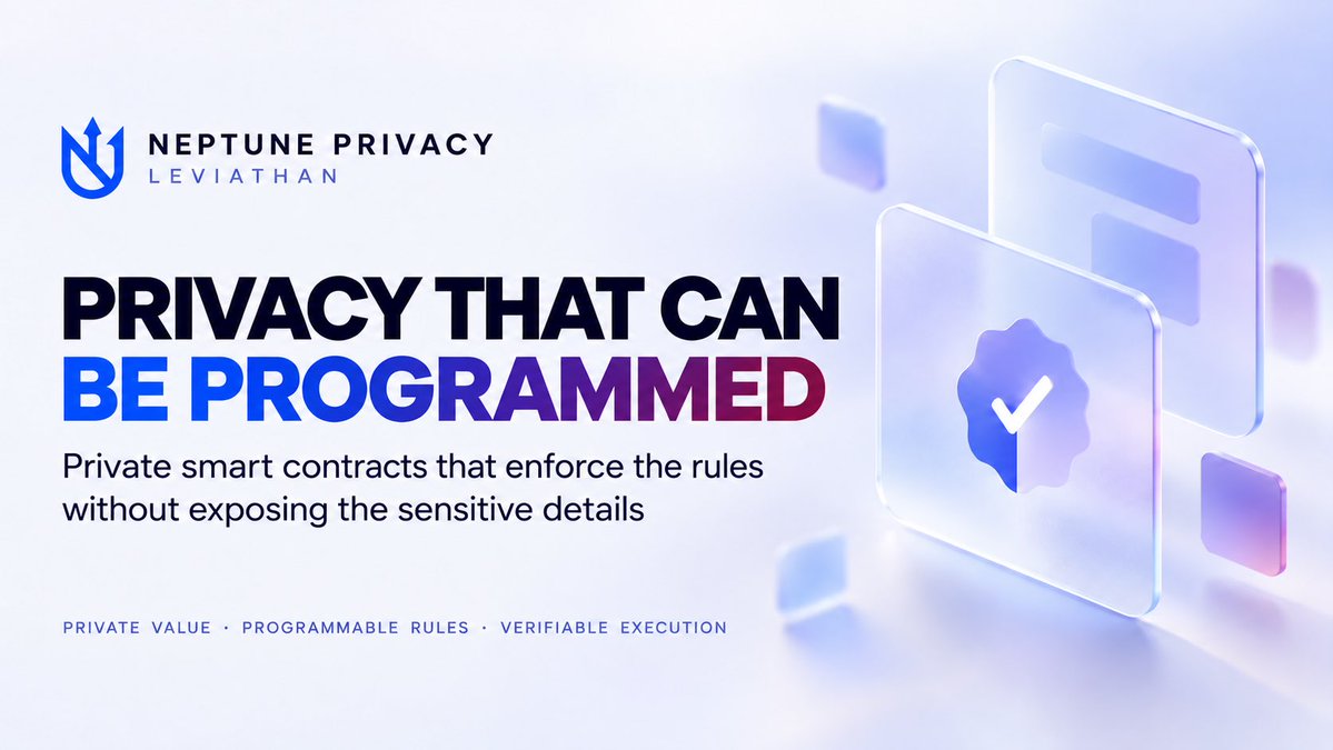 NeptunePrivacy's tweet photo. PRIVACY THAT CAN BE PROGRAMMED

Sending money privately is the foundation. Being able to build applications around it is the next step.

That’s why private smart contracts are a key part of the Leviathan roadmap.

Neptune provides the private Layer 1, with $XNT as its native asset. Leviathan adds private smart contracts: programs that enforce rules for how funds can be used, without requiring users to make all the underlying transaction details public.

Think of a payment released only when agreed conditions are met, or a swap that completes only when both sides fulfil their part.

The technical difference is how those rules are verified. Transactions can be executed and proved locally, with the network checking cryptographic proofs that the rules were followed. Sensitive inputs can stay private while the result remains verifiable.

This gives developers a foundation for private swaps, conditional payments, escrow and other financial applications.

Private smart contracts make privacy something developers can build with, and something users can do more with.

Private value. Programmable rules. Verifiable execution.

That’s the direction we’re headed with Leviathan on Neptune Privacy.