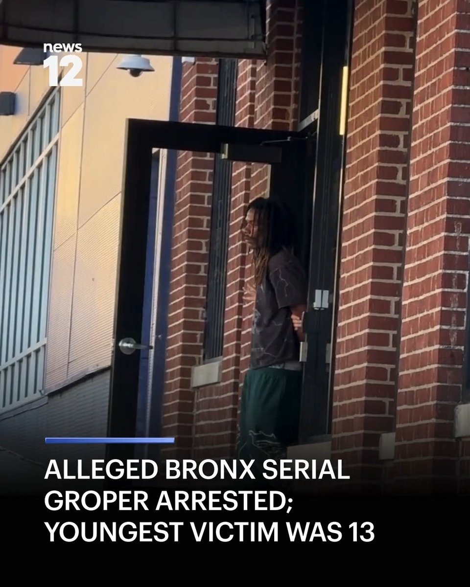News 12 broadcast screenshot showing a person with long dreadlocks in a grey t-shirt and green pants standing in a doorway against a brick wall, with headline text reading "ALLEGED BRONX SERIAL GROPER ARRESTED; YOUNGEST VICTIM WAS 13."