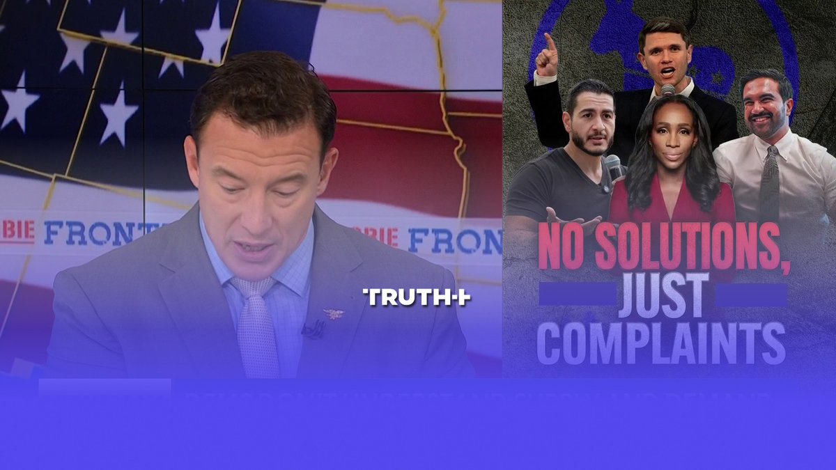 A split-screen image: on the left, a man in a suit speaks in front of an American flag backdrop with 'TRUTH+' visible; on the right, a graphic reads 'NO SOLUTIONS, JUST COMPLAINTS' featuring four people, including Ben Shapiro.