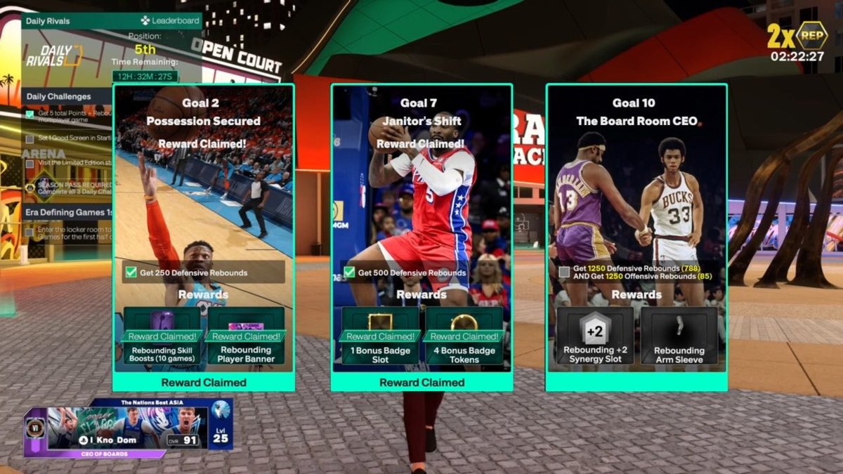 Screenshot of an NBA 2K mobile game menu showing completed 'Daily Rivals' goals, including 'Possession Secured', 'Janitor's Shift', and 'The Board Room CEO'.
