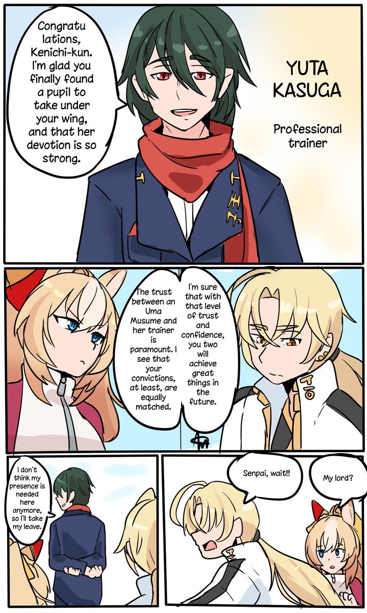 doberslover23's tweet photo. The Prince, and the King – Part 1 

 Well, I wanted to add a bit more backstory to my trainers. Since I really liked Duratore's senpai character in the game, here is a little something about that—heheh: the prince watching his protégé become a king.

#art #ウマ娘 #Umamusume https://t.co/aG3JQIaeDb