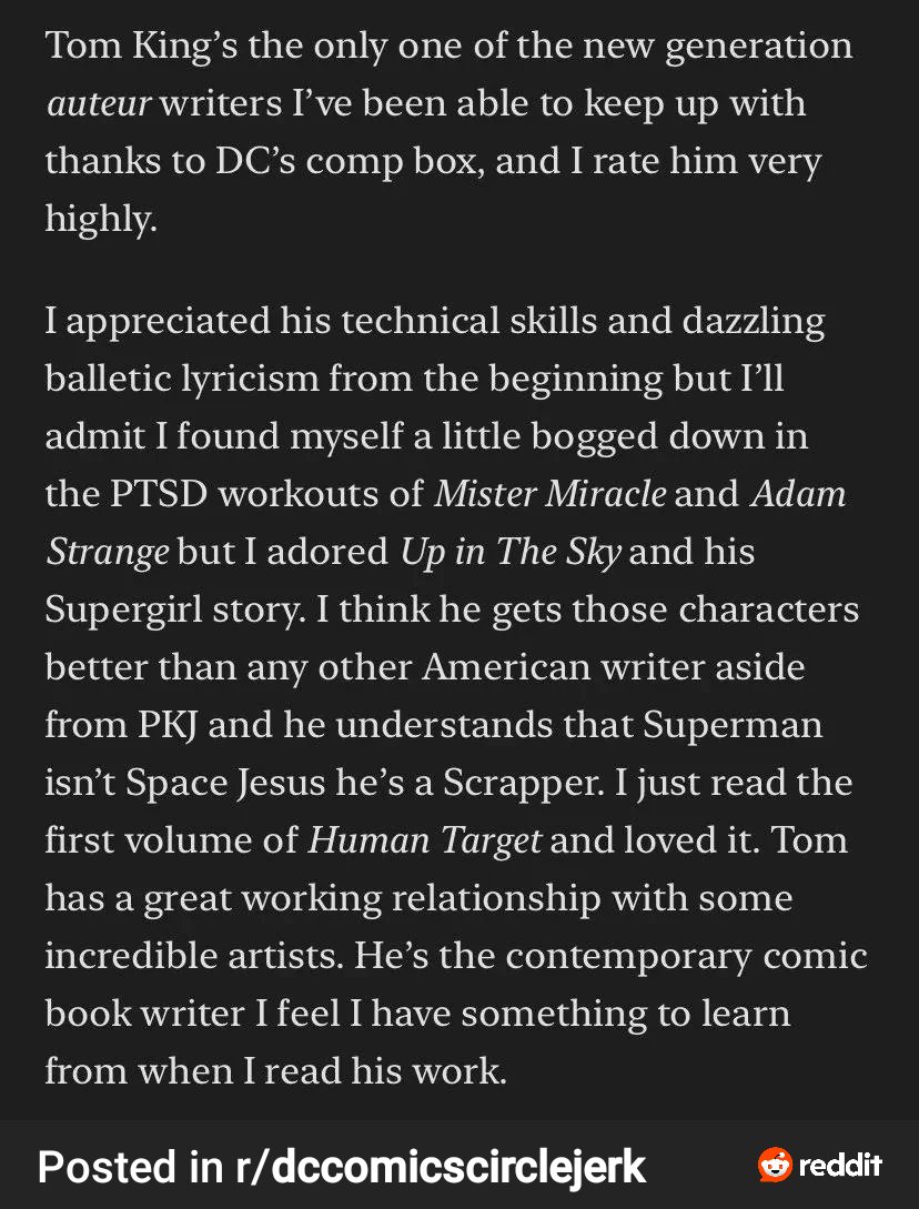CadeWelch7's tweet photo. Grant Morrison is a Tom King fan lmao https://t.co/fgU5s0audY