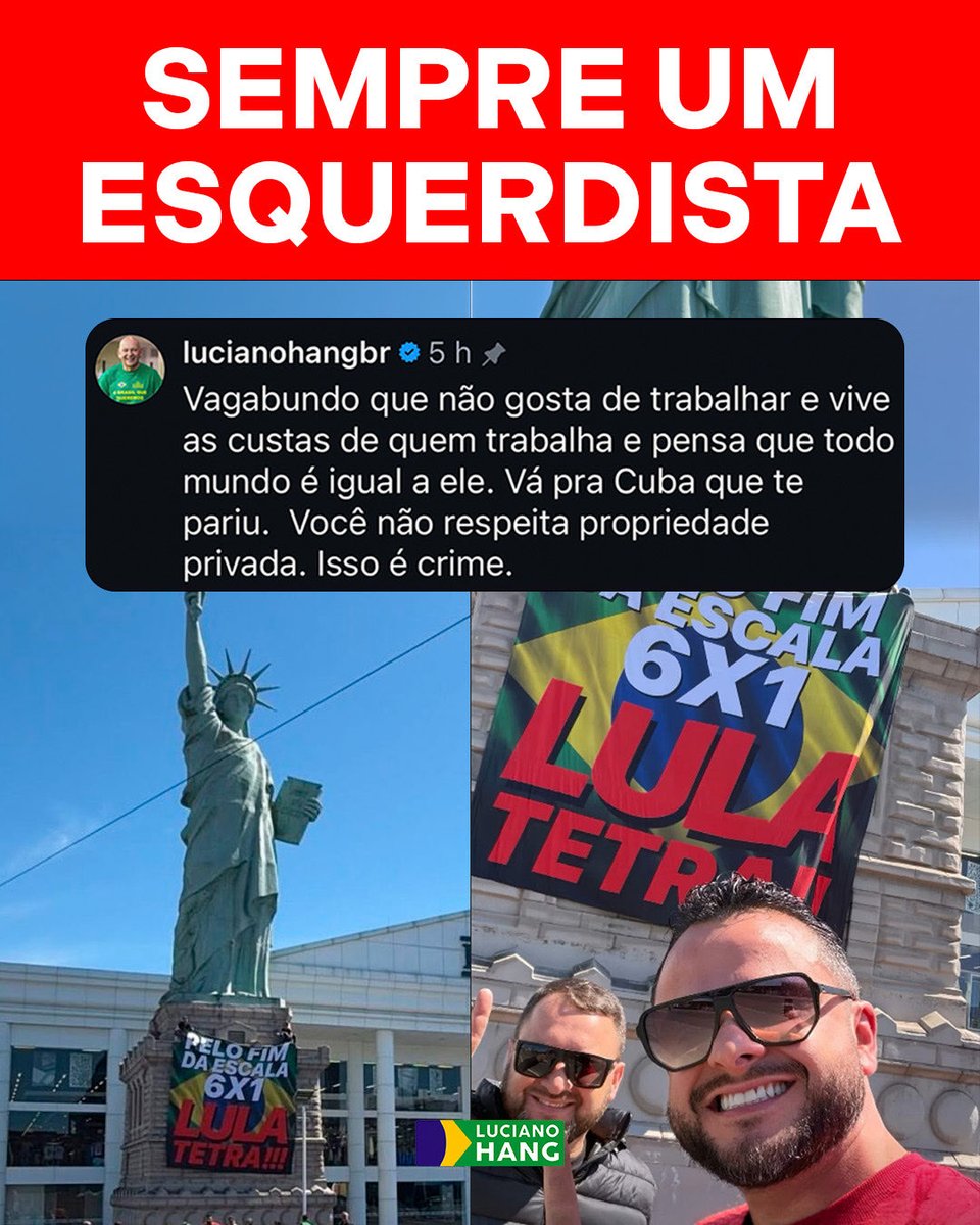 LucianoHangBr's tweet photo. Quem é a favor do comunismo deveria ser enviado pra um país comunista pra uma viagem só de ida pra viver a "maravilha" da ideologia que eles amam e defendem.

Tudo que queremos é continuar abrindo lojas, gerando emprego e renda para todos os brasileiros. Não podemos normalizar esse tipo de ataque de ódio. Isso não pode ficar impune.

Todos os envolvidos serão responsabilizados e que a justiça seja feita para que respondam pelos crimes que cometeram.
