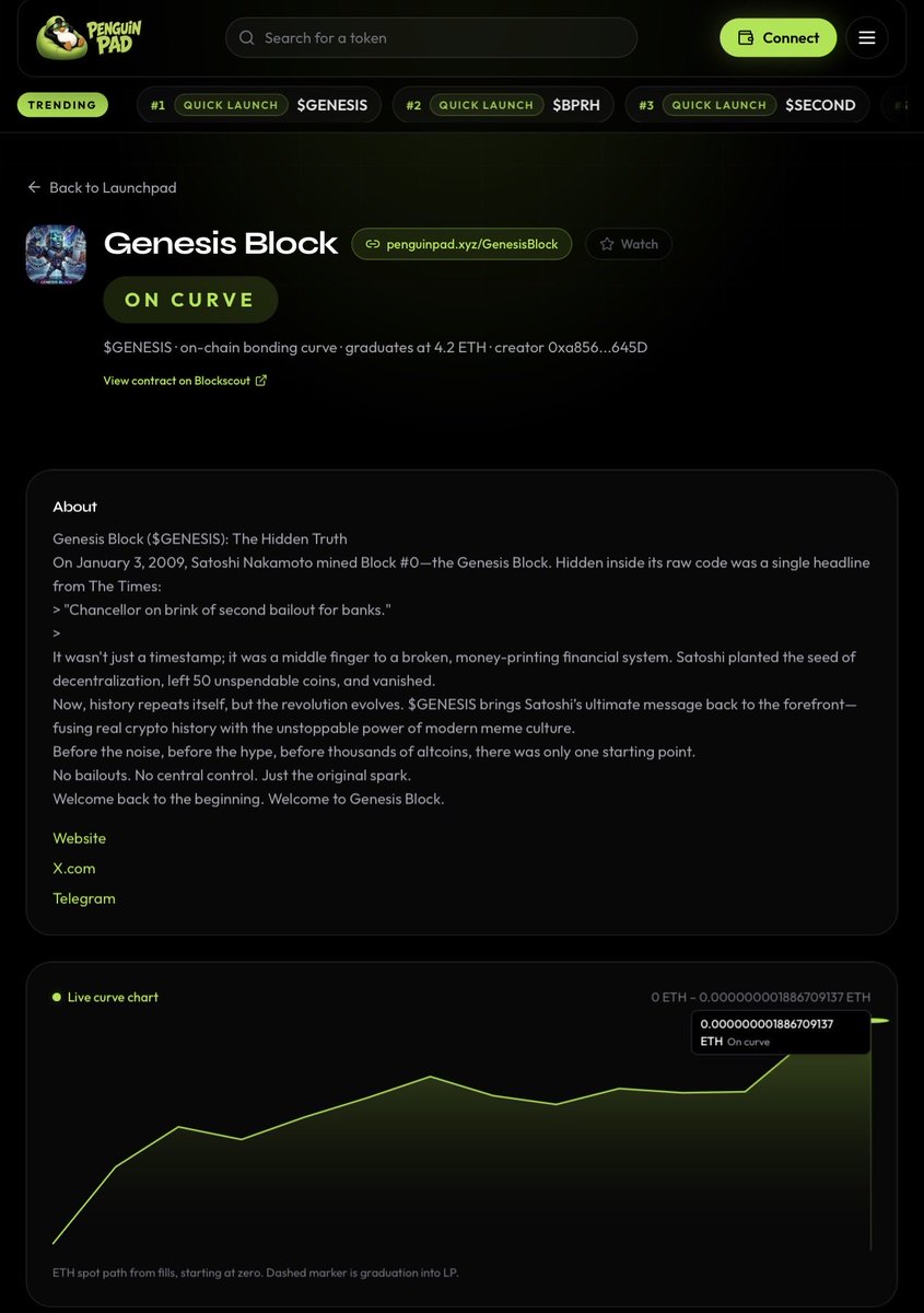 PenguinPad_xyz's tweet photo. Genesis Block has taken the #1 spot!

Will it be the first to bond? 👀 

https://t.co/yCm4JAqfPa

#Robinhood https://t.co/ymTKLimudZ