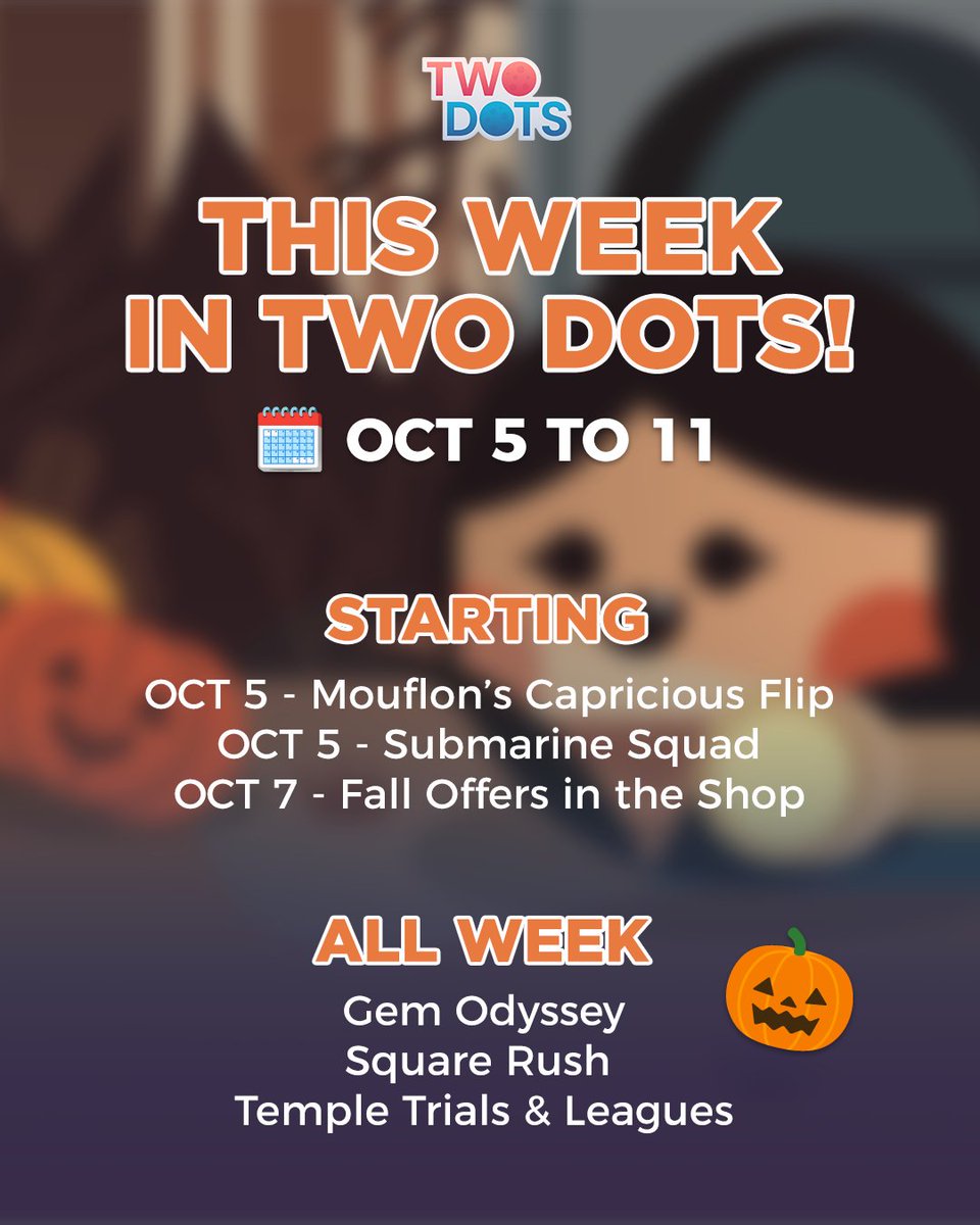 TwoDots's tweet photo. A brand new week = a brand new excuse to play Two Dots! 👀✨

Here's what's kicking off this Monday, Dot Explorers:

🐑 Mouflon's Capricious Flip: Our favorite unpredictable pal is back, and this Flip is anything but boring. Stock up on those resources and level up your saga game!

🚣 Squad Submarine: Dive in with your crew! It's time to team up, go deep, and see what treasures you can surface together.

Both events start this Monday. Set your reminders and get ready to make some moves. 

Oh, and don't sleep on your Daily Streak – every day you log in counts! Claim yours in the webstore 👇
🔗 https://t.co/UeSoVUPI0l

#TwoDots #ThisWeekInTwoDots #PuzzleGame #MobileGaming #DotExplorers