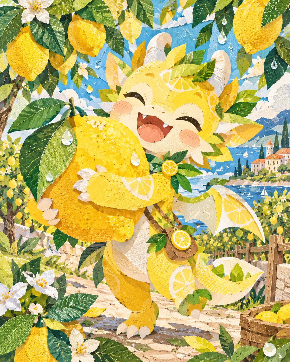 XjasmineY's tweet photo. 今日はレモンの日🍋

「バナナのところにも、パイナップルのところにも来てる…。いいなぁ～」
農家の間で話題の農作物ドラゴン。
でも、ウチにはまだ来ていなくて、みんなの話を聞くだけ。だったんだけど…
「見て見て！やっとウチにも来てくれたの！かわいいでしょ！」
#創作ドラゴン #AIイラスト https://t.co/Vo79nQIgPg
