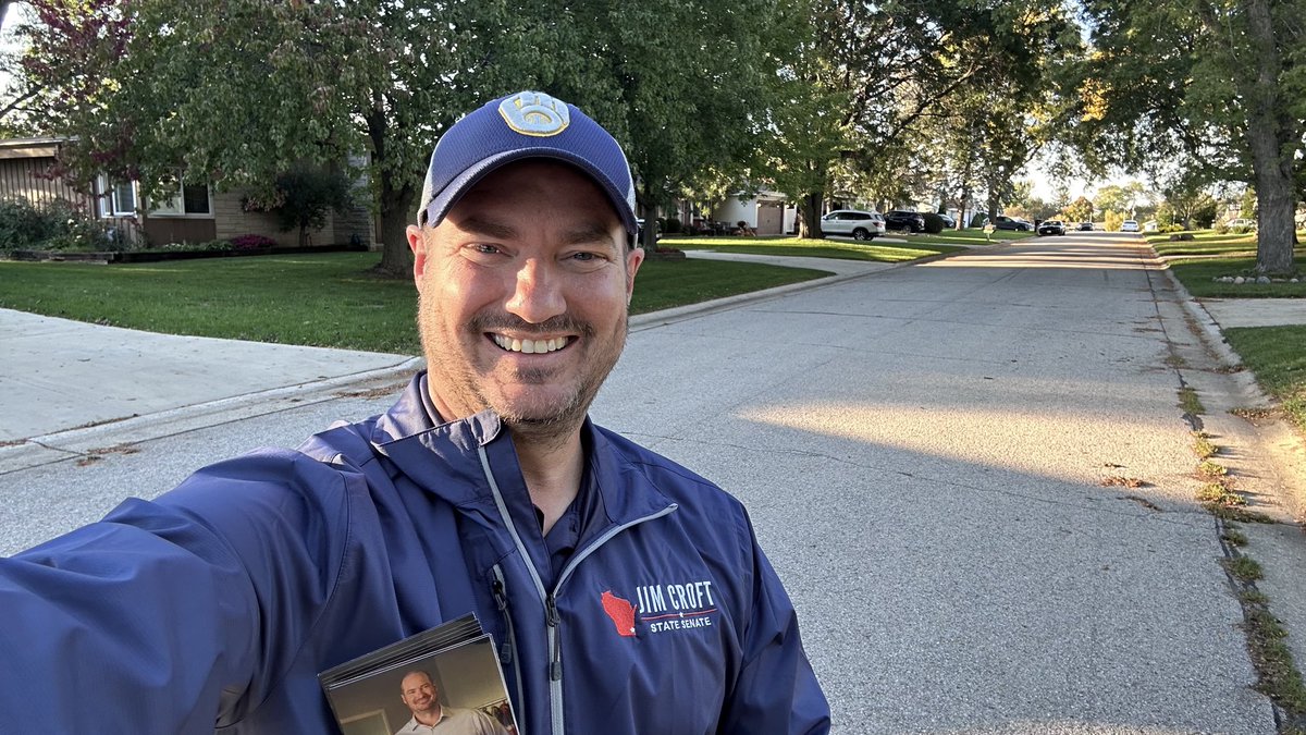 JimCroftWI's tweet photo. It’s one month to Election Day and the weather was awesome for an afternoon of talking to voters at their doors! I can’t wait to go to Madison and start to lower the cost of living and let you keep more of your hard-earned money! https://t.co/UhaOfdXia3