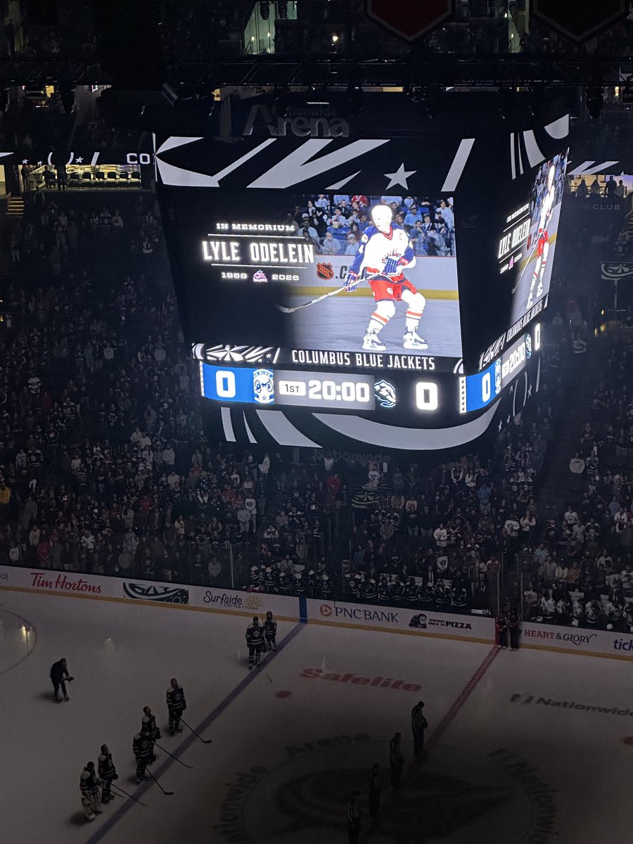 Aportzline's tweet photo. A moment of silence tonight in Nationwide Arena for #CBJ inaugural captain Lyle Odelein … https://t.co/6NGmmygxYS