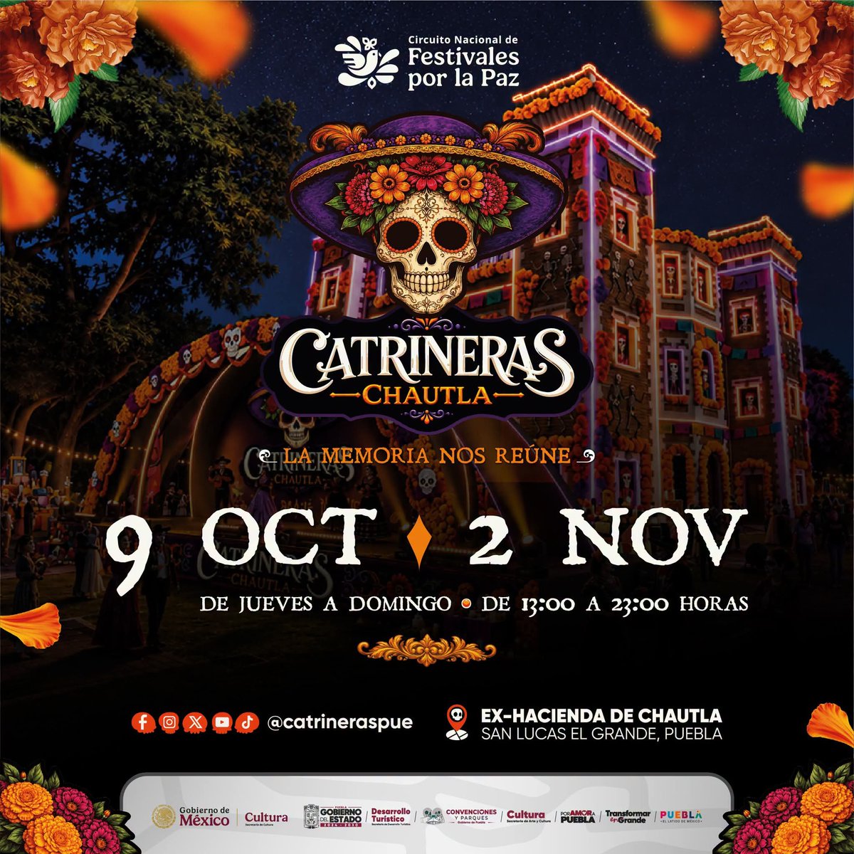 Ambas_Manos's tweet photo. Escápate del bullicio de la ciudad y sumérgete en el folclor, las luces y la cultura de "Catrineras Chautla". Un destino imperdible esta temporada de Día de Muertos en la Ex-Hacienda de Chautla.

⏰️ Jueves a Domingo | 13:00 a 23:00 hrs.

#TurismoPuebla #ExHaciendaChautla
#PorAmorAPuebla #CatrinerasChautla