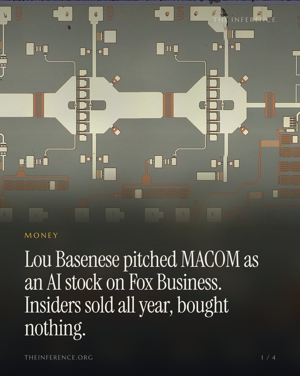 inference_org's tweet photo. MACOM insiders sold 76 times since April and bought nothing. On the day Lou Basenese pitched the chipmaker on Fox Business, the stock jumped 5.9%.

https://t.co/5nTc5a6H2q https://t.co/Po7IRlnj2j