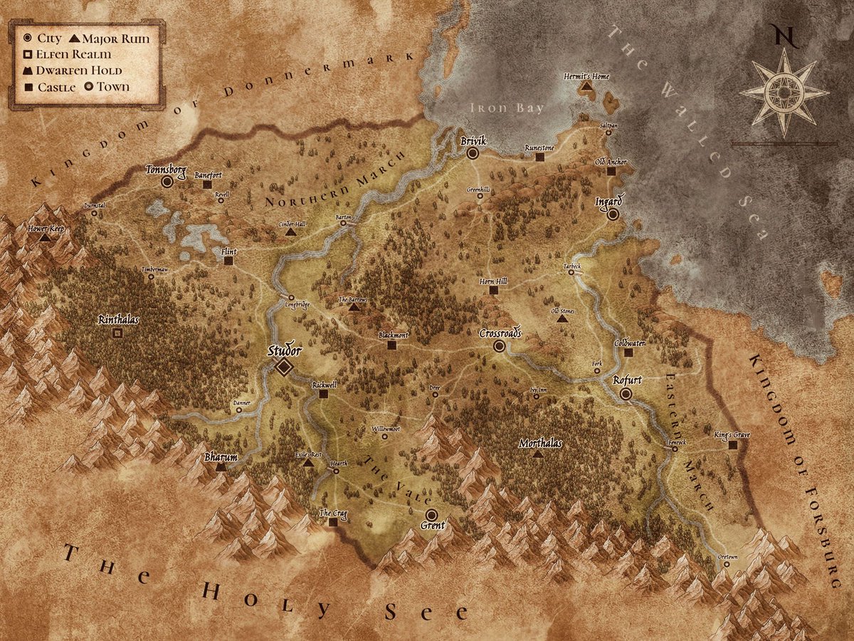 OldWorldHermit's tweet photo. Work (never ending) continues on my homebrew setting: The Petty Kingdoms. 

Studor, where most play happens, is practically done. The Holy See, Donnermark, Forsburg, and lands beyond need fleshing out.

#ttrpg #CastlesandCrusades #dnd #FantasyMaps https://t.co/LD7VeQrfR5